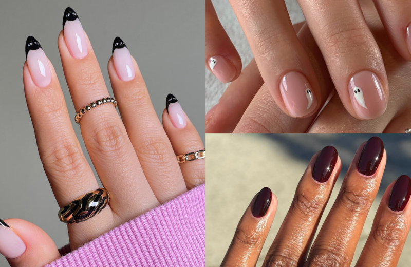 Collage of three minimalist Halloween manicures: black cat-eye French tips, tiny white ghosts on nude nails and glossy oxblood.