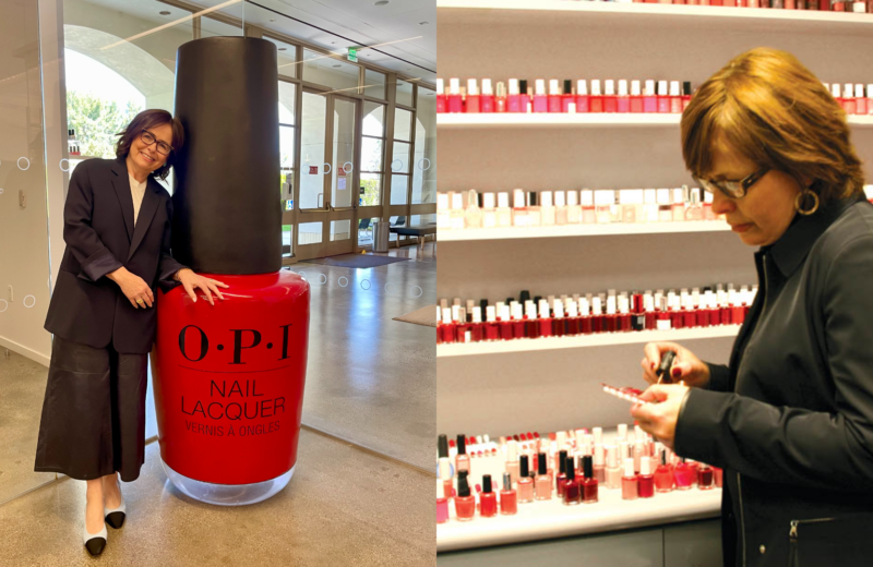 Side-by-side photos of Suzi Weiss-Fischmann posing beside an oversized red OPI nail polish bottle and painting a nail color swatch in front of shelves of polish.